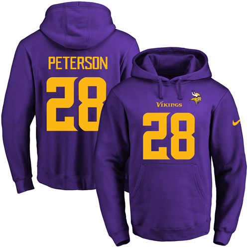 Nike Vikings #28 Adrian Peterson Purple(Gold No.) Name & Number Pullover NFL Hoodie - Click Image to Close